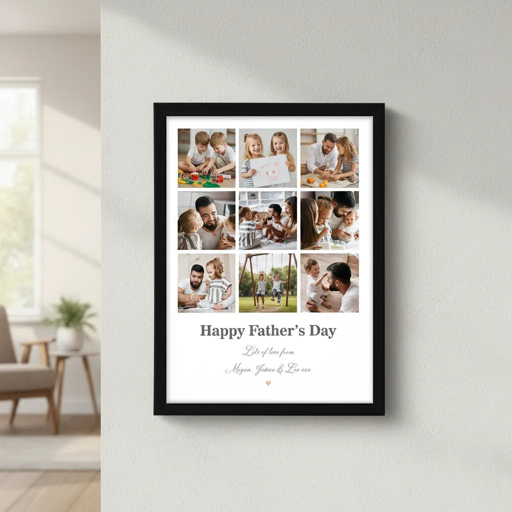 Framed collage of family photos with 'Happy Father's Day' text on a wall.