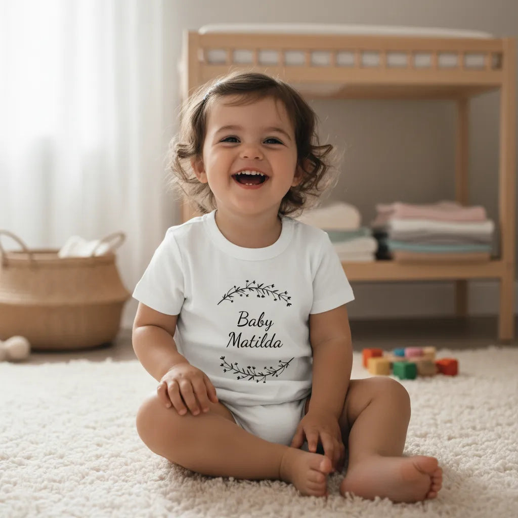 Child wearing a white onesie with 'Baby Matilda' printed on it, sitting on a carpeted floor.