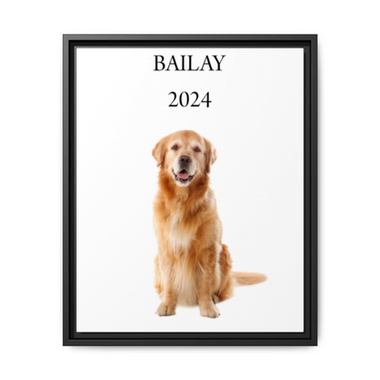 Framed picture of a golden retriever with 'BAILAY 2024' text on a white background