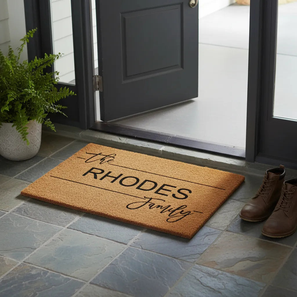 Doormat with 'The Rhodes Family' text on a stone floor in front of a door.