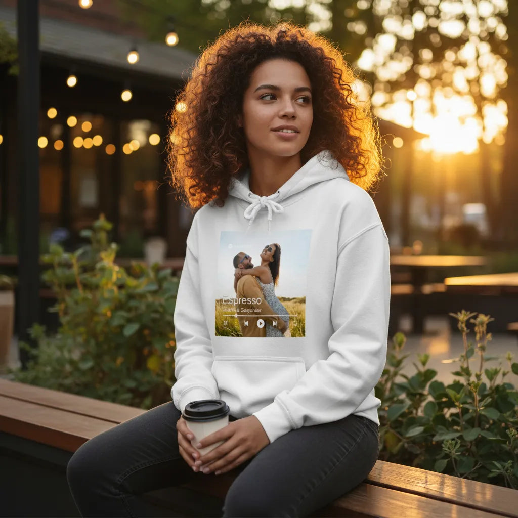Woman wearing a white hoodie with a printed design, sitting outdoors with blurred lights in the background