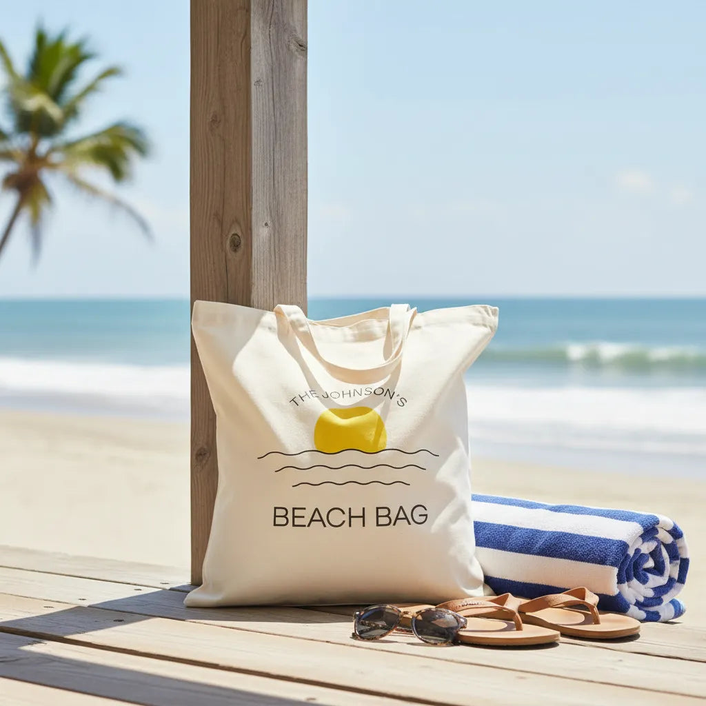 Beach bag with a yellow anchor, sunglasses, and sandals on a wooden deck by the ocean.