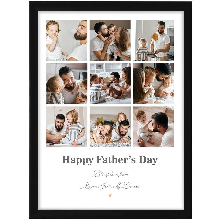 Framed collage of a father and children with 'Happy Father's Day' text.