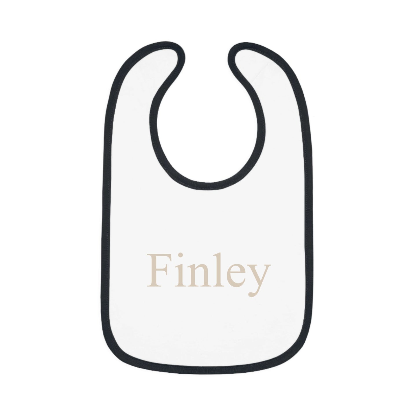 White bib with black trim and 'Finley' printed on a white background