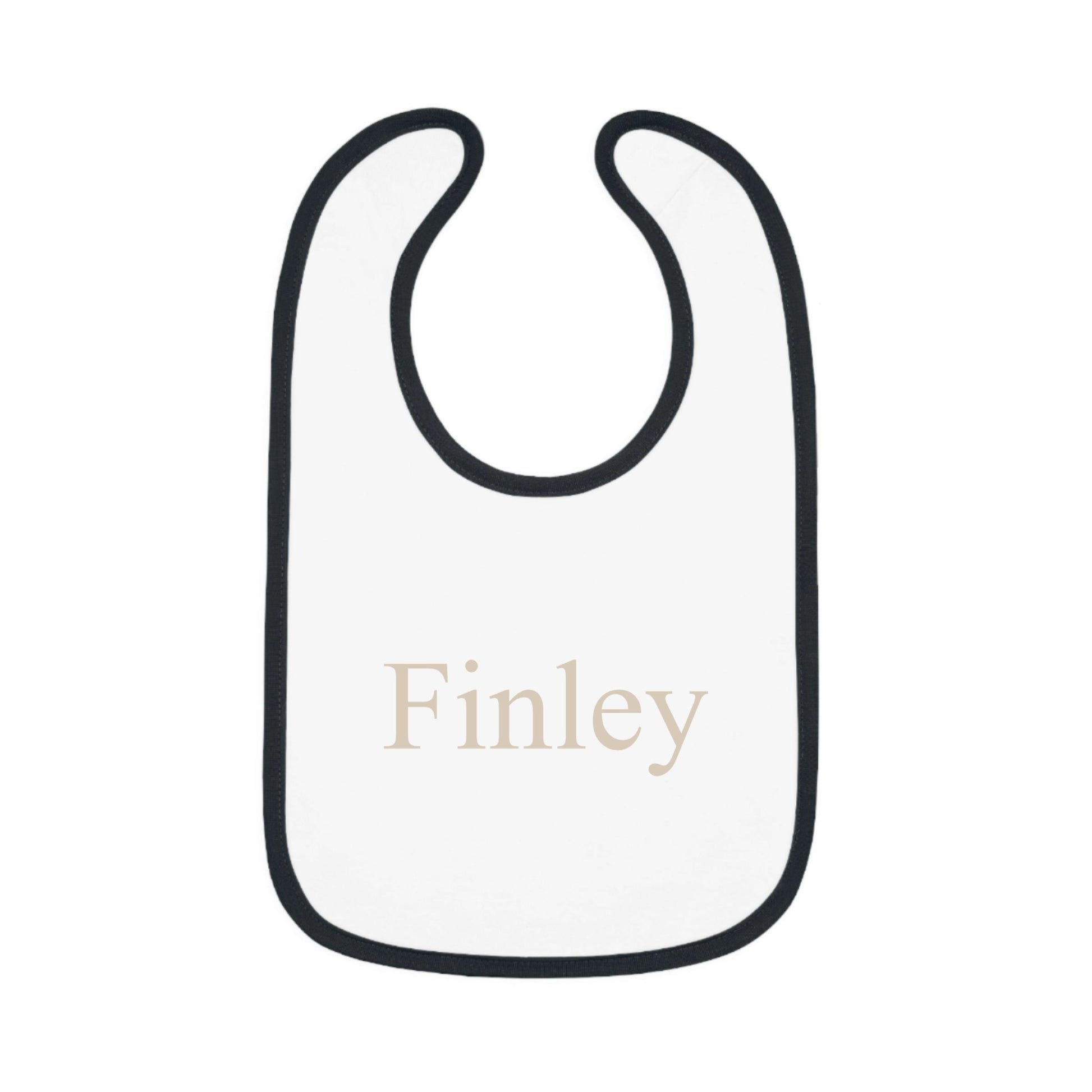 White bib with black trim and 'Finley' printed on a white background