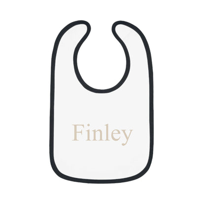 White bib with black trim and 'Finley' printed on a white background