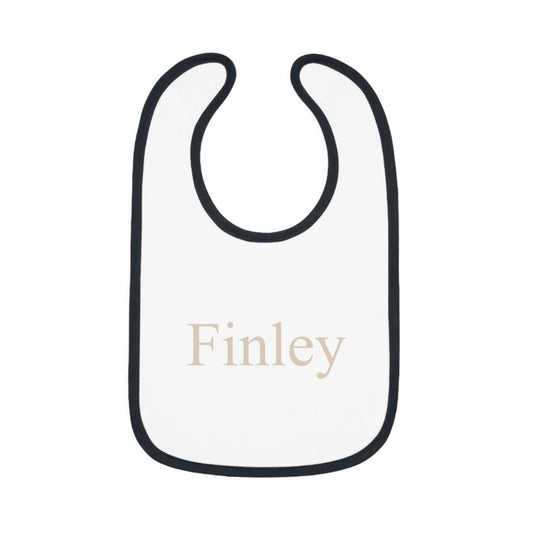 White bib with black trim and 'Finley' printed on a white background