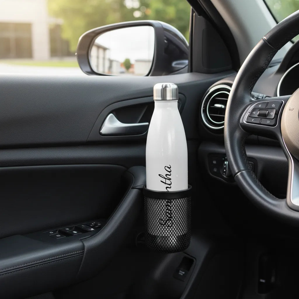 White water bottle with silver cap in a car cup holder