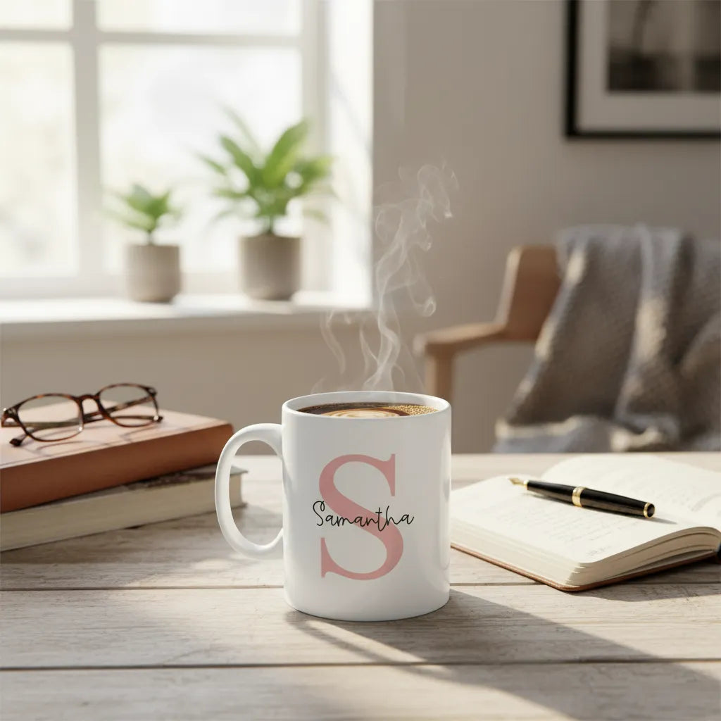 White mug with pink letter 'S' and name 'Samatha' on a wooden table with a cozy background.