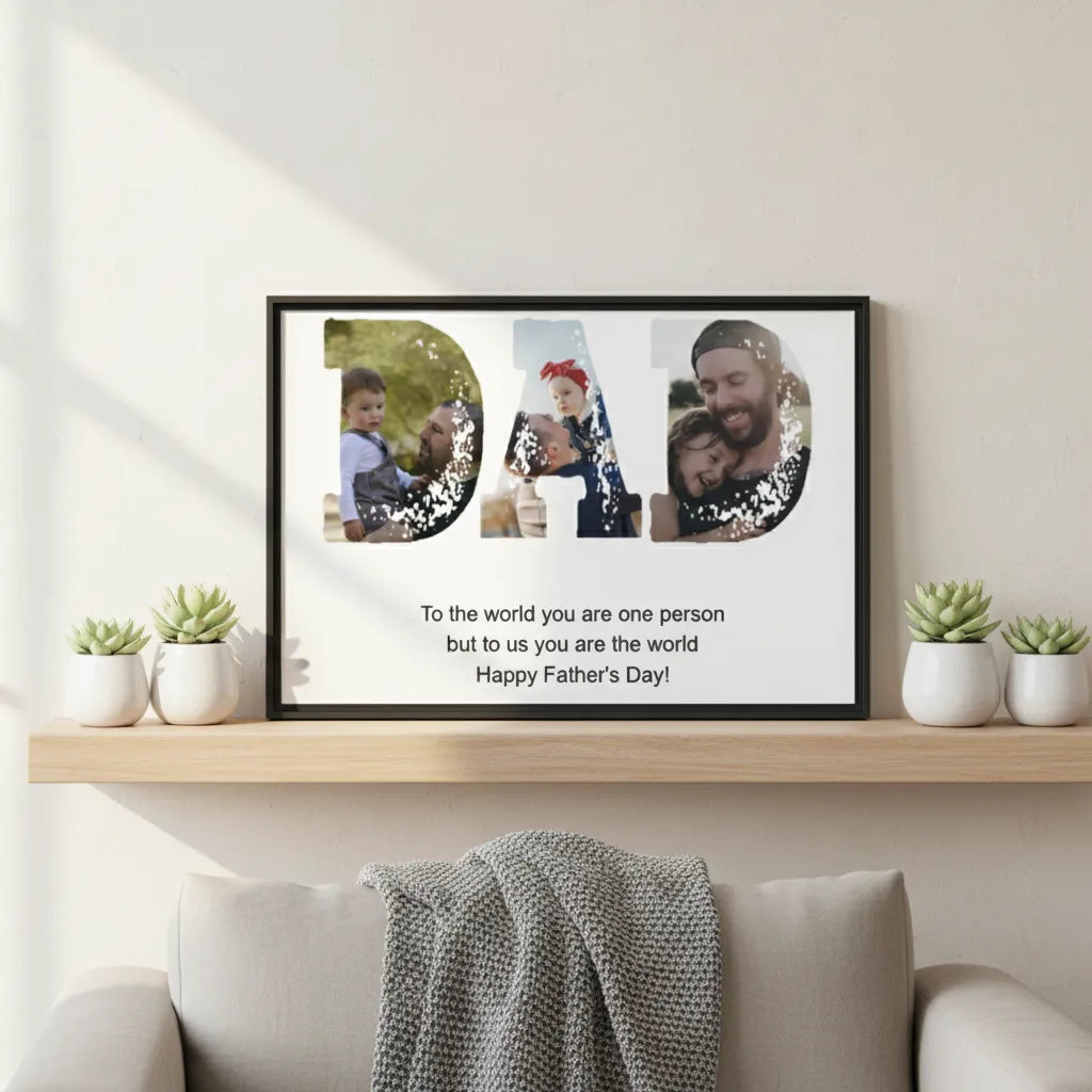 Framed photo collage with 'DAD' letters on a wall above a sofa.