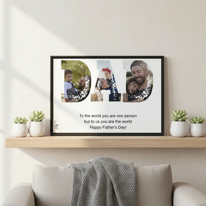 Framed photo collage with 'DAD' letters on a wall above a sofa.