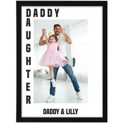 Framed photo of a father lifting his daughter, with text 'DADDY DAUGHTER' and 'DADDY & LILLY'.