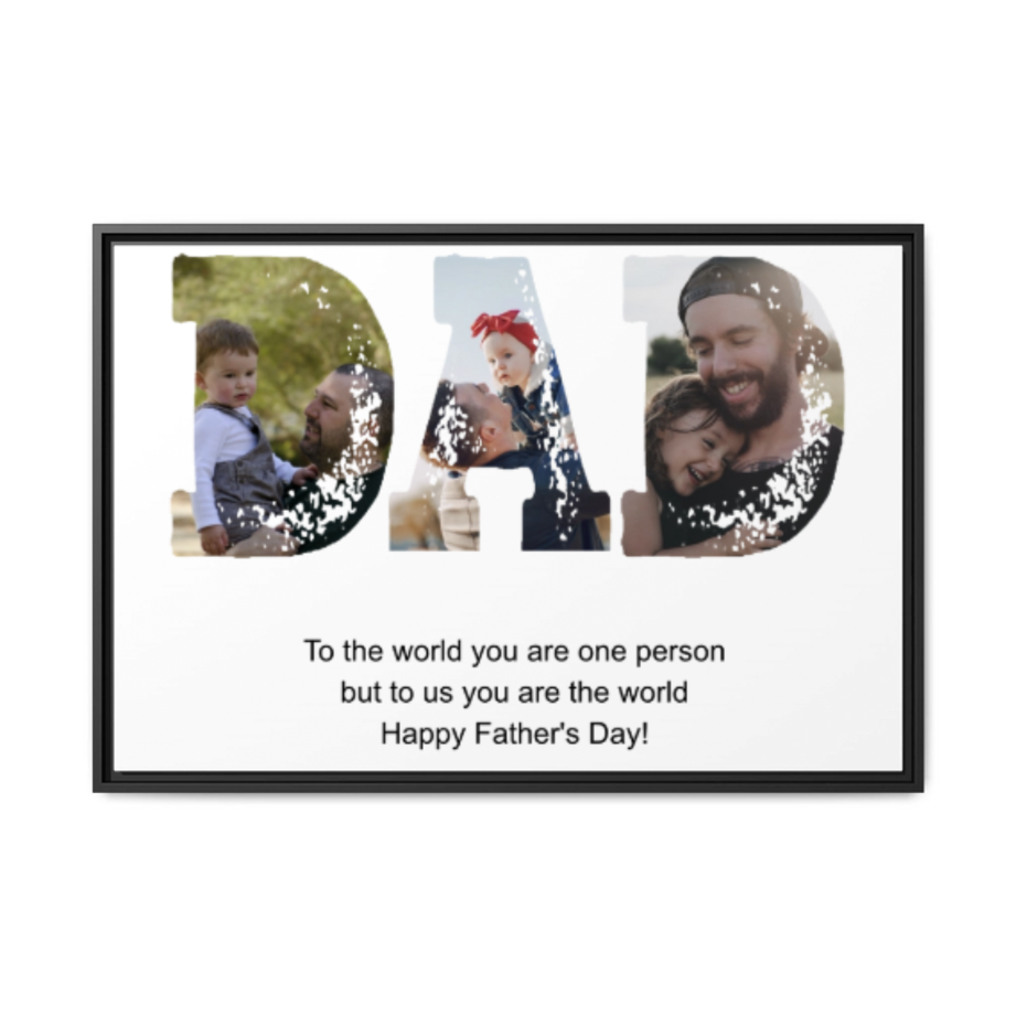 Framed photo collage with 'DAD' letters filled with family photos and a Father's Day message.