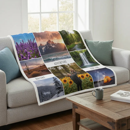 Blanket with nature-themed images draped over a sofa in a living room.