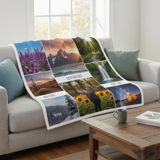 Blanket with nature-themed images draped over a sofa in a living room.