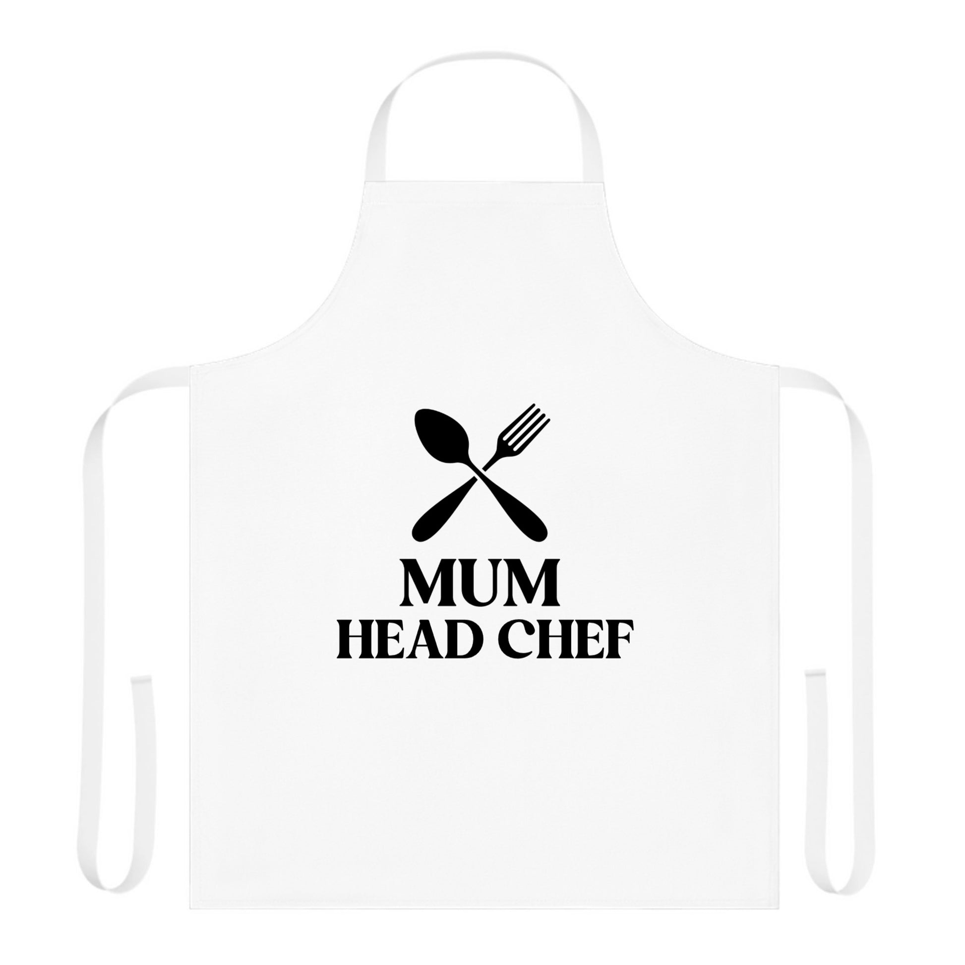 White apron with 'Mum Head Chef' text and cutlery design on a white background