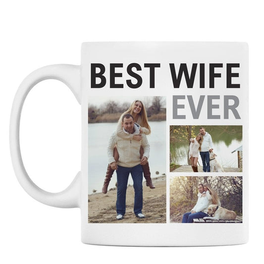 White mug with 'BEST WIFE EVER' text and family photos on a white background