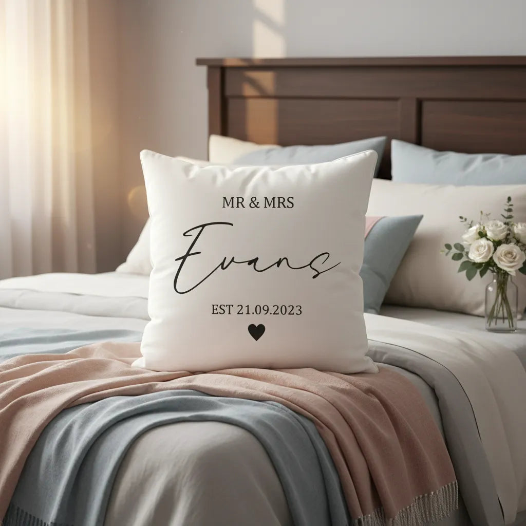Decorative pillow with 'MR & MRS Evans EST 21.09.2023' on a bed with soft lighting.