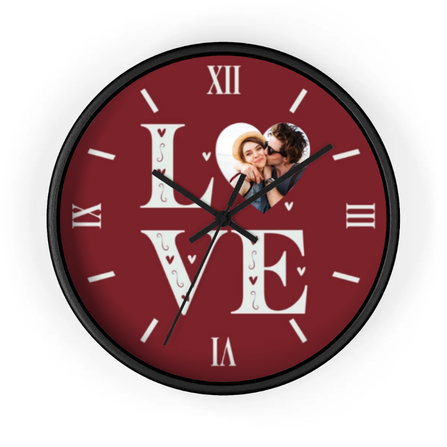 Wall clock with 'LOVE' text and couple photo on a red background